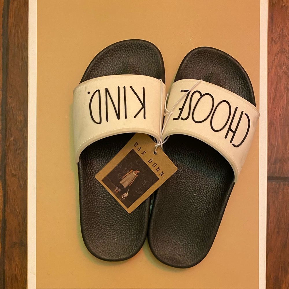 Brand new Rae Dunn Ivory/Black Slides